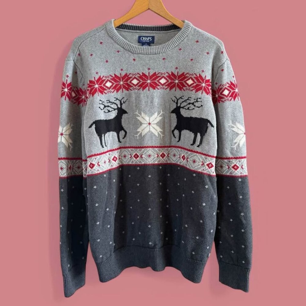 Men's Chaps Brand Gray Red White Winter Theme Deer Fair Isle Sweater-Size Large